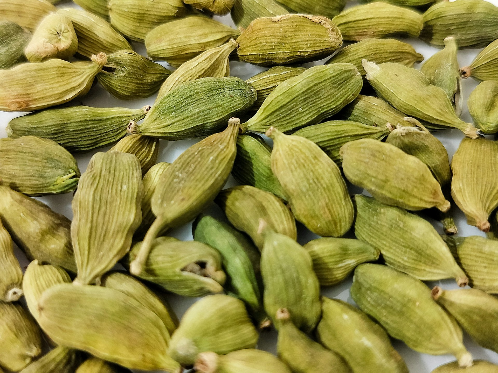 a pile of green seeds on a white surface
